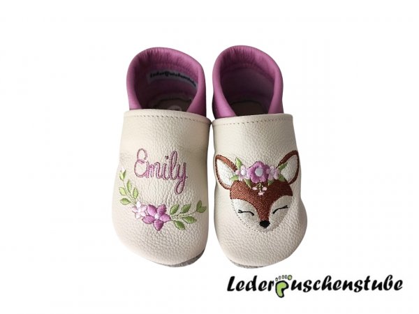 Lederpuschen creme-orchidee mit Namen (orchidee) Ranke 3 (orchidee rosa hellgrün) und Boho Reh